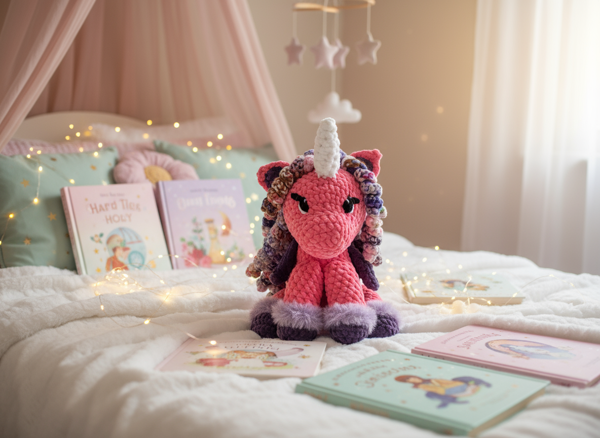 Unicorn in magical bedroom setting