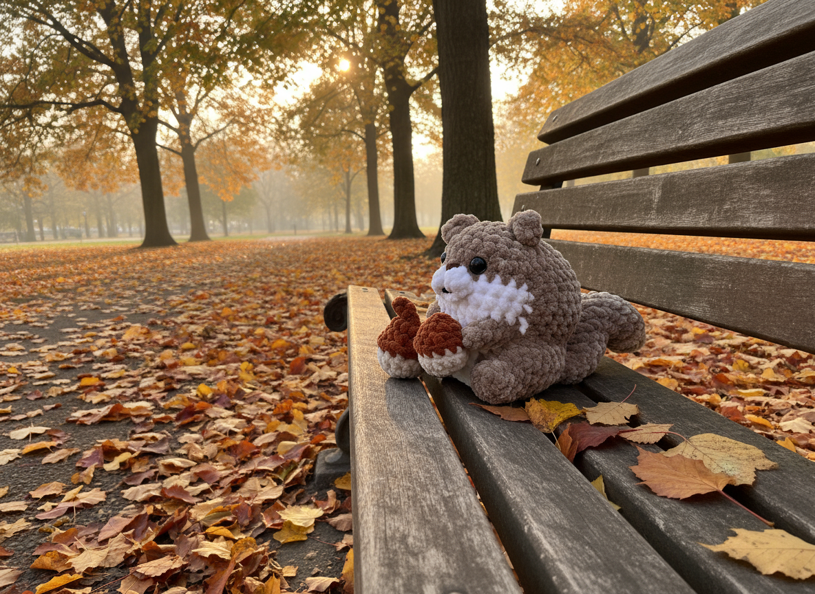 Chubby Squirrel with a Nut - Autumn Park Scene